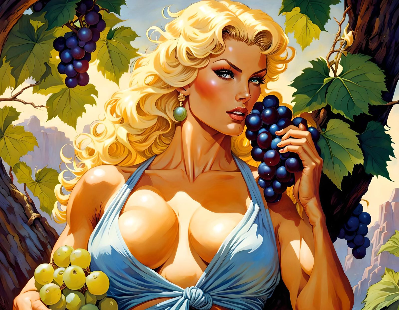 Gorgeous muscular skinny voluptuous Aphrodite eating grapes