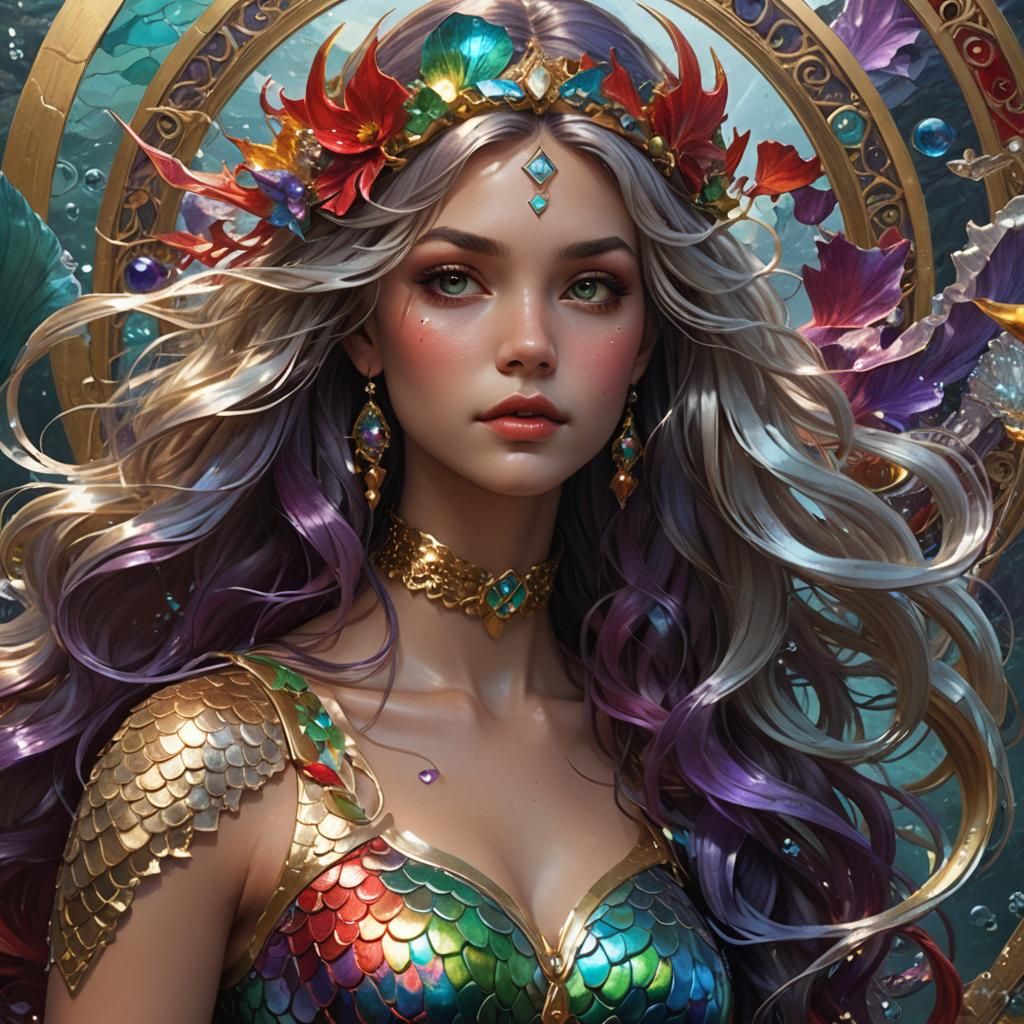 Hyperdetailed Mermaid Portrait with Round Frame