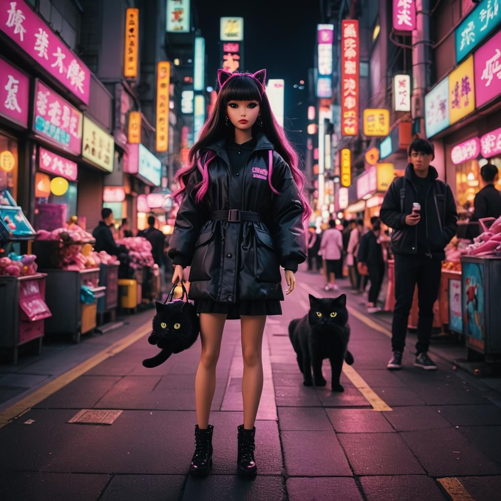 Japanese Barbie Doll in Neon City, Cinematic Film Still