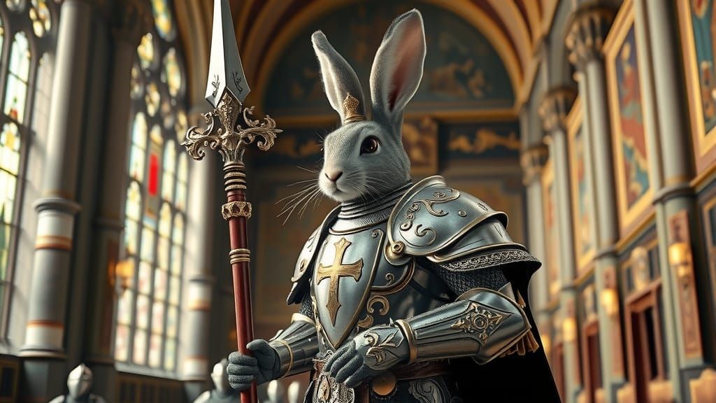 Regal Bunny Knight in Ornate Silver Armor, Grand Castle Hall