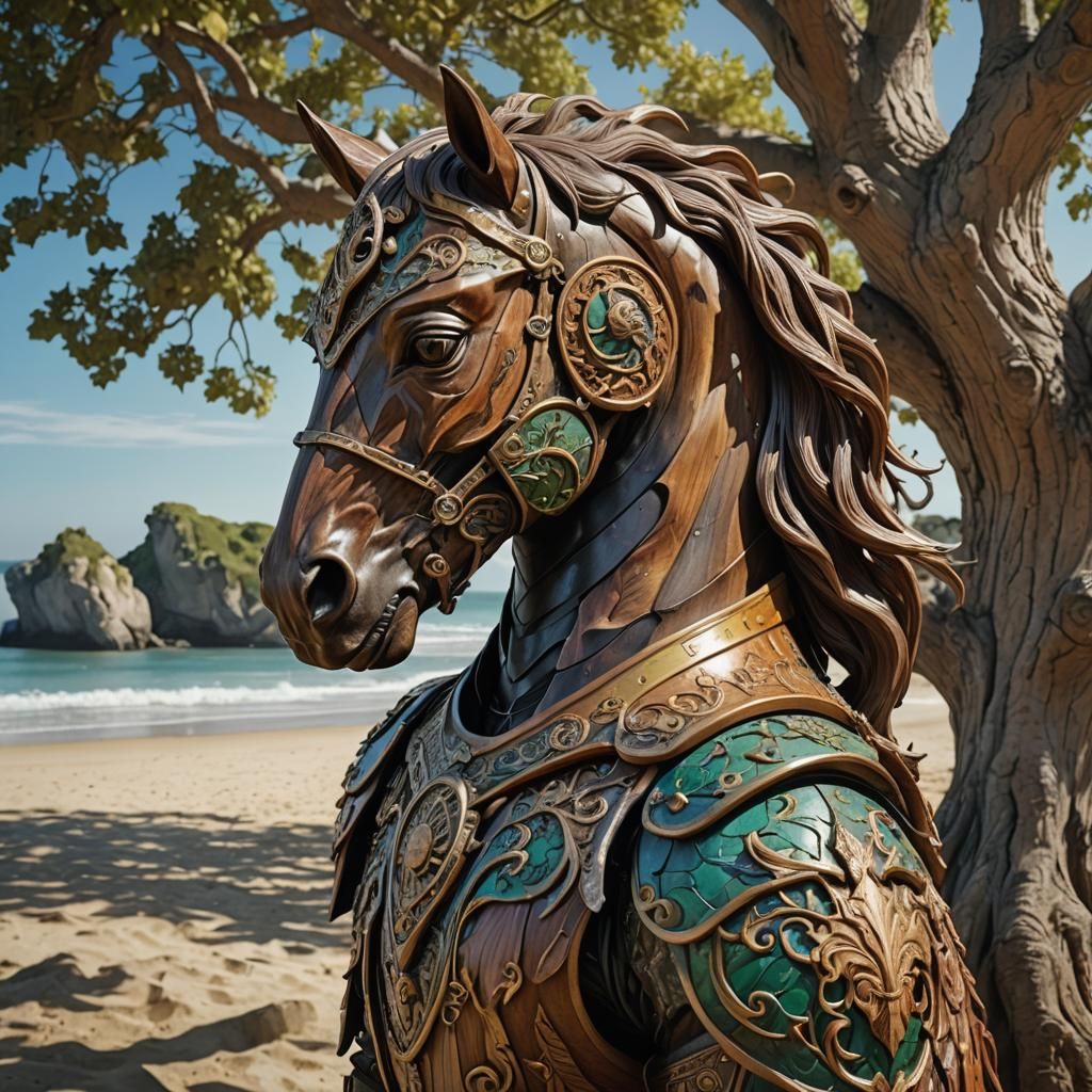 Whimsical Horse Sculpture in Elven Armor, Hyperrealistic Art