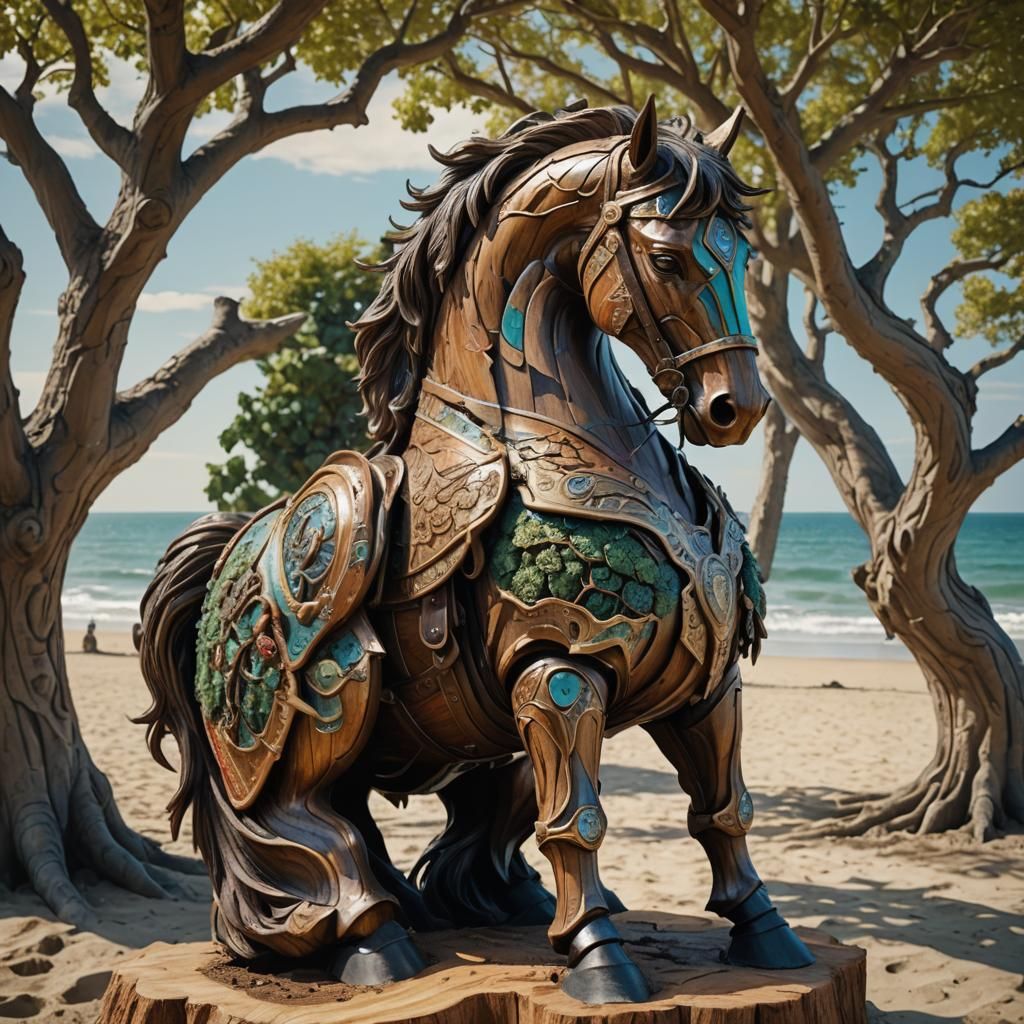 Elven Armored Horse Tree Sculpture, Hyperrealistic Art