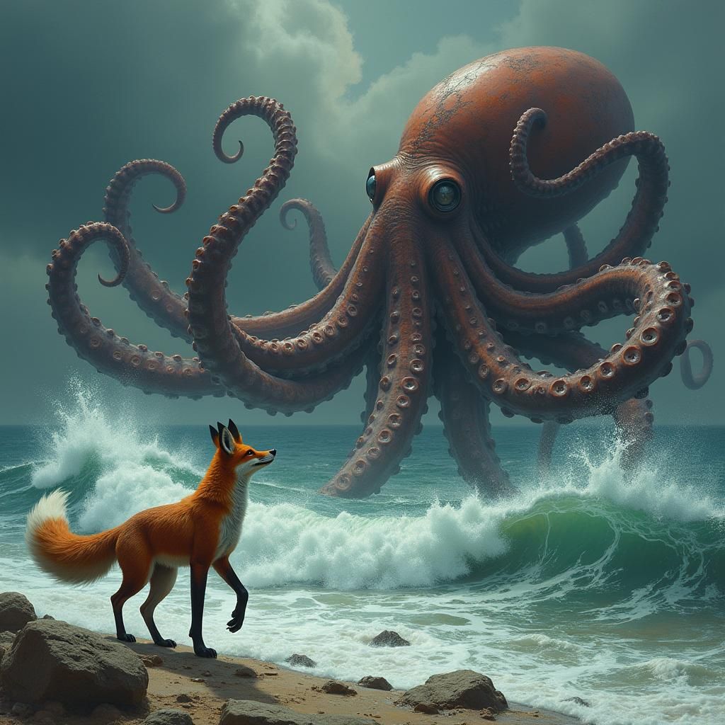 Epic Fox vs Octopus Battle in Sci-Fi Style