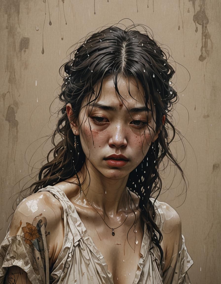 Sad Asian Girl in Rain: Detailed Sketch