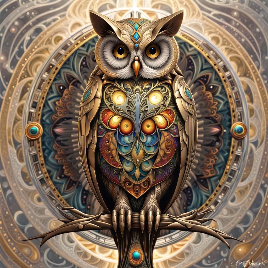 Art Deco Owl of Life Card with Fractal Mandala