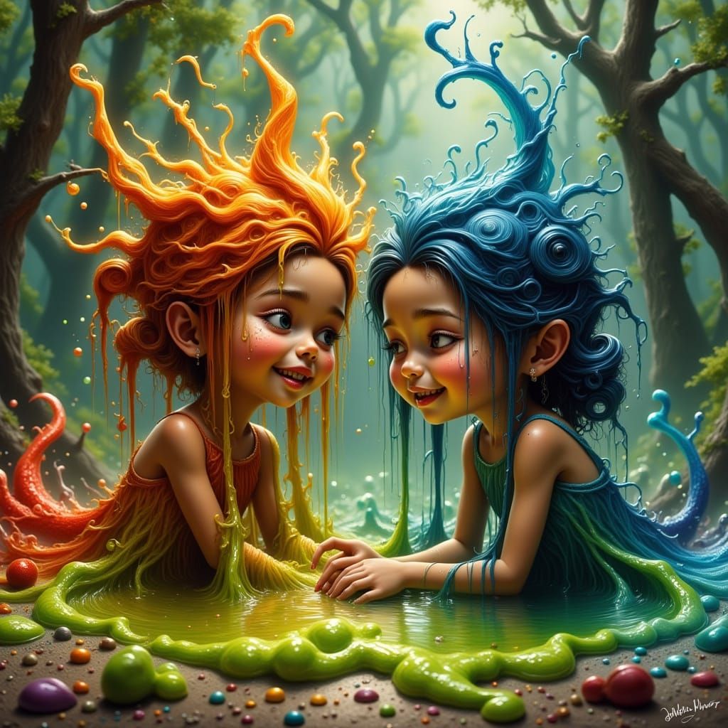 Sisters Play with Living Slime Creature in Surreal Atmospher...