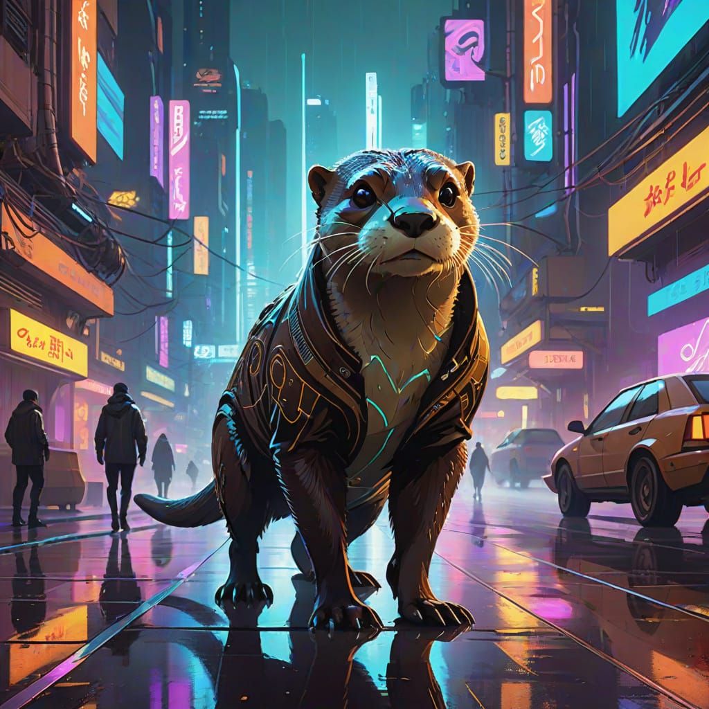 Cyberpunk Otter Patrols Rainy City Streets