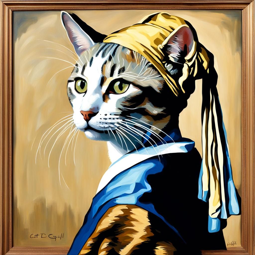 Cat as Girl with a Pearl Earring Painting
