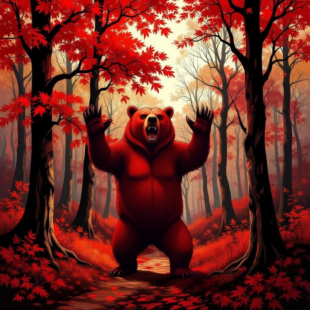 Aggressive Red Bear In Abstract Autumn Forest