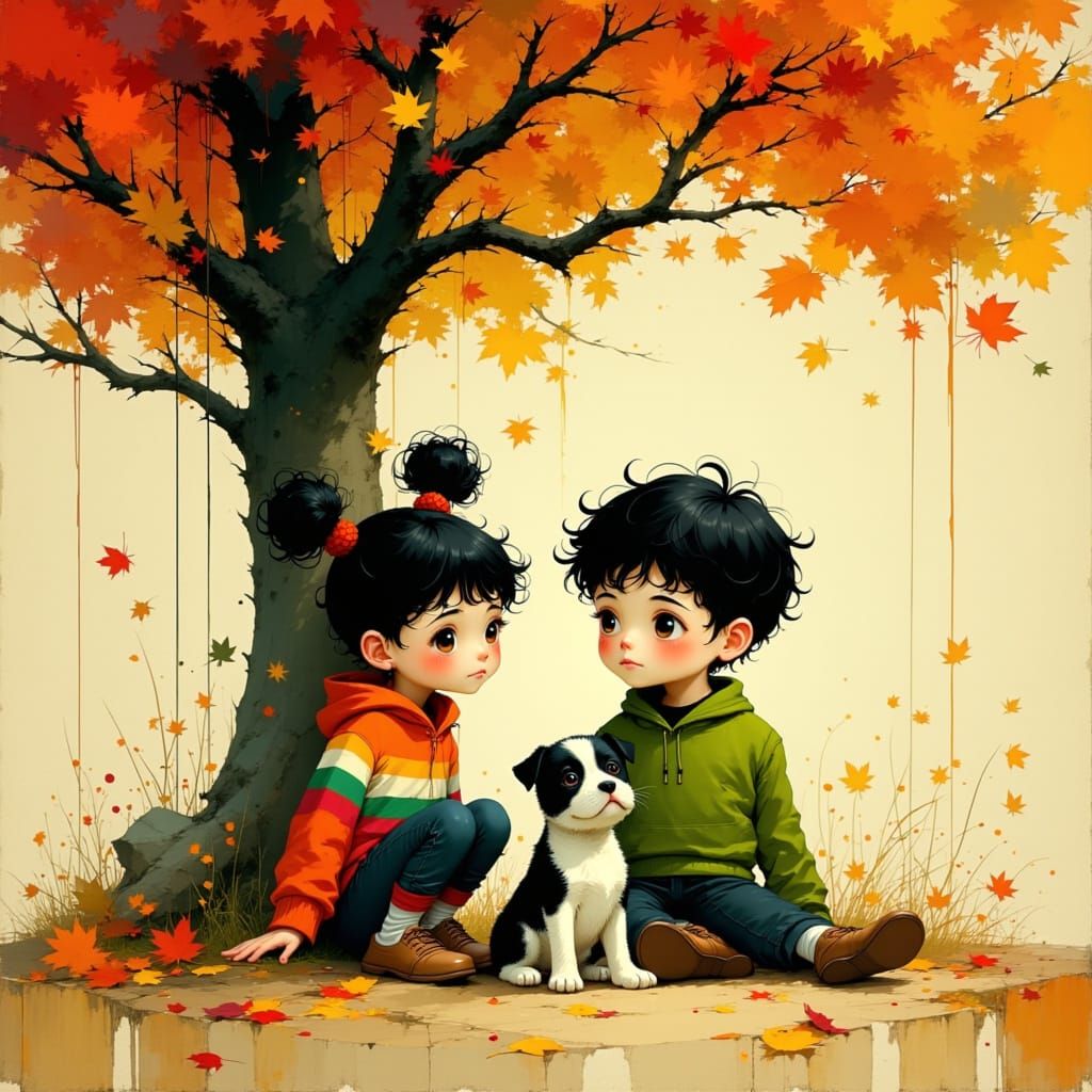 Children and Puppy Under Autumn Tree