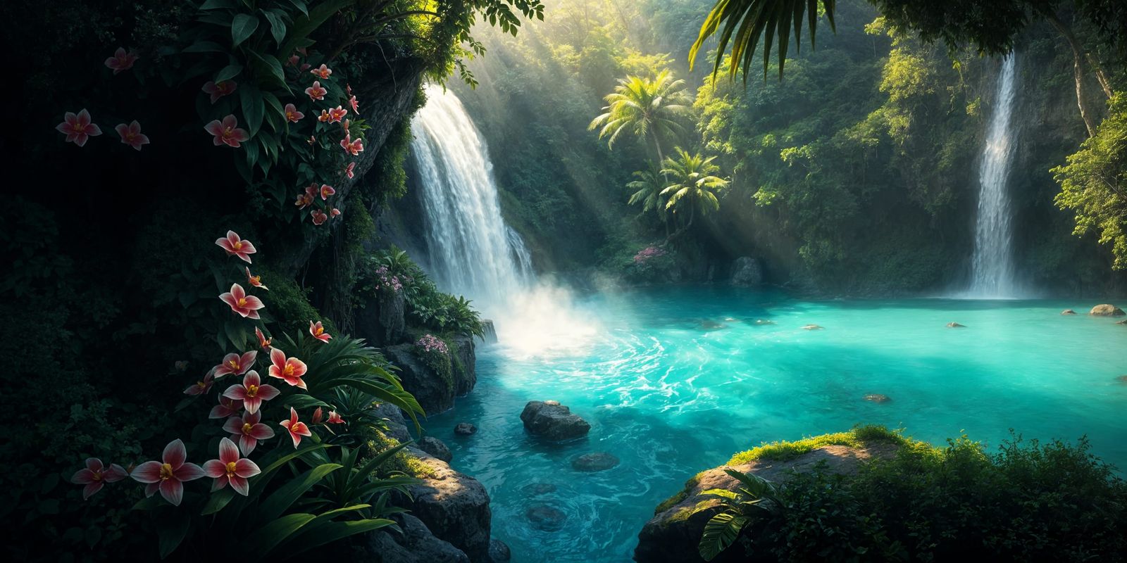 Enchanted Waterfall in Tropical Rainforest, Digital Painting