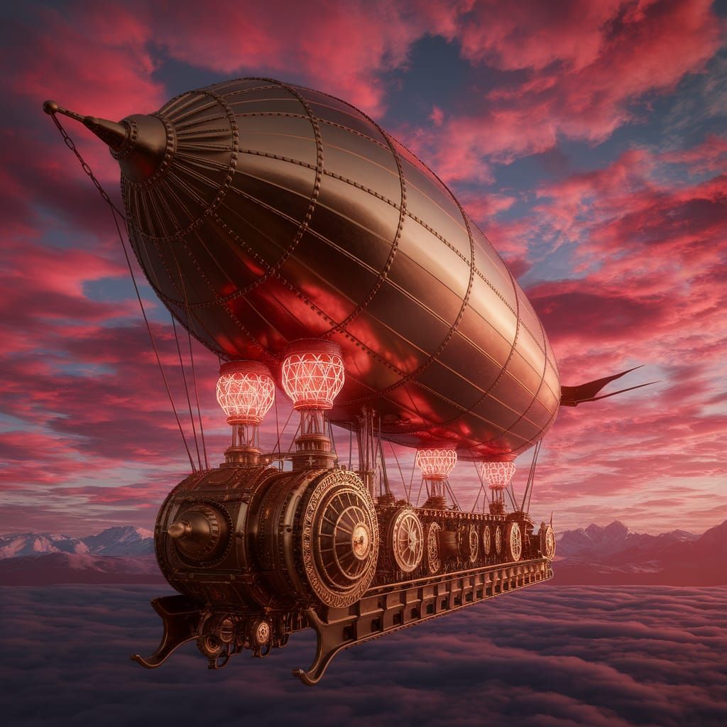 Steampunk Airship Soars Through Crimson Sunset