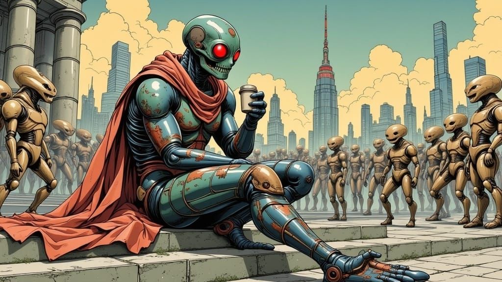 Cyborg Superhero Sips Coffee at Public Library