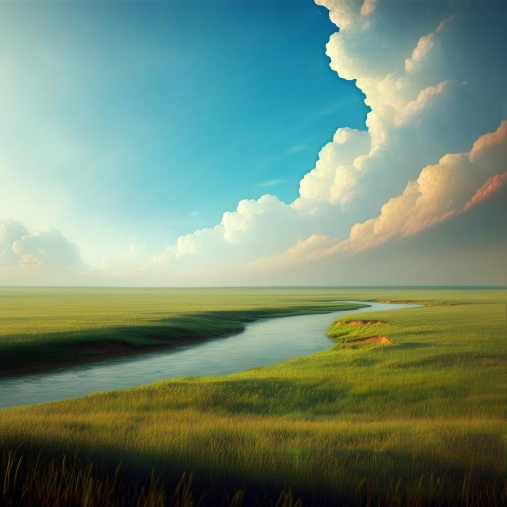 Serene River Through Emerald Plain, Digital Matte Painting