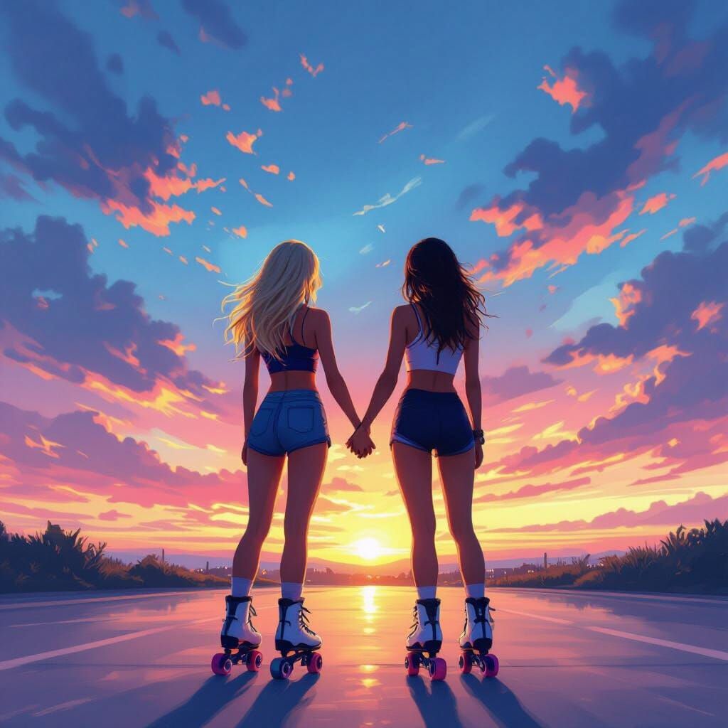 Roller Skaters Admire Electric Sunset in Digital Painting