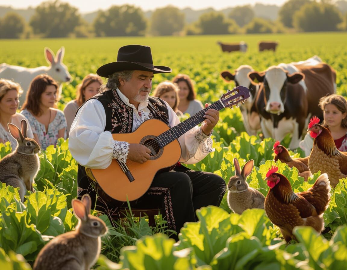 Guitarist's Farm Serenade in Impressionist Style