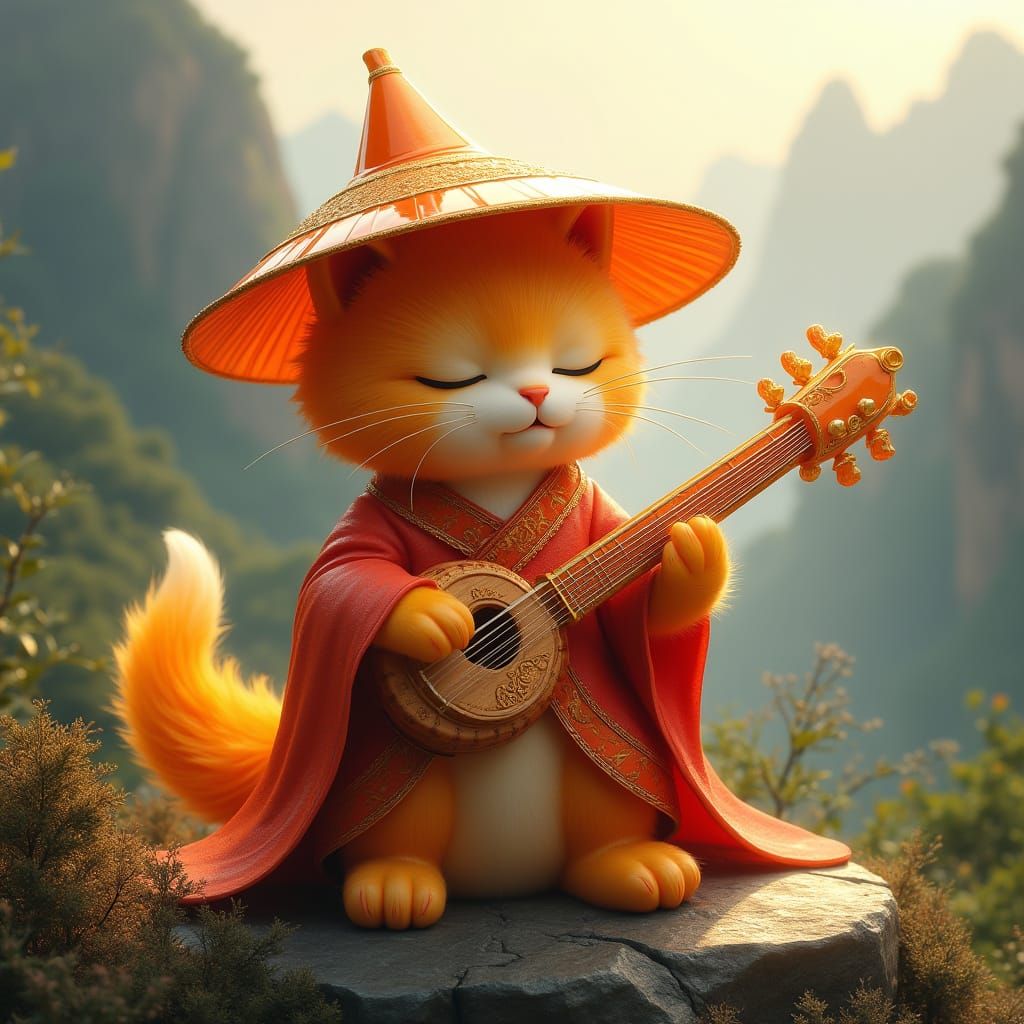 Majestic Orange Cat Glass Sculpture in Asian-Inspired Landsc...