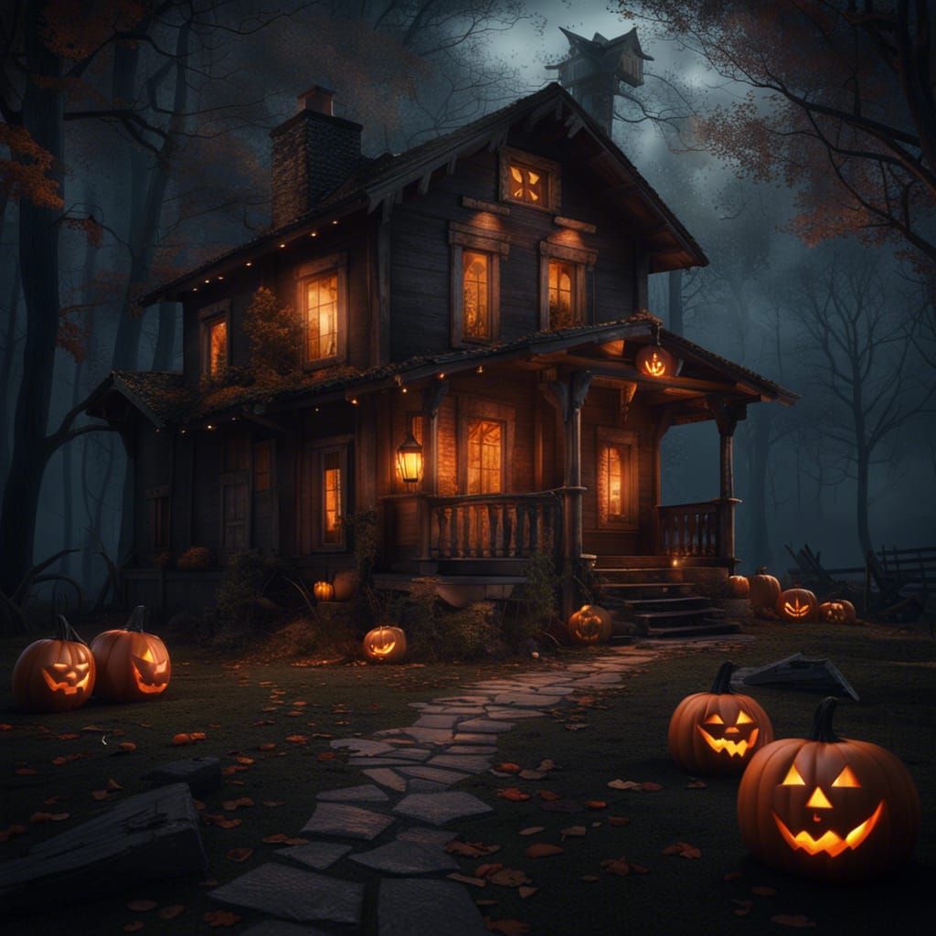 Haunted Halloween Cabin in Forest at Night