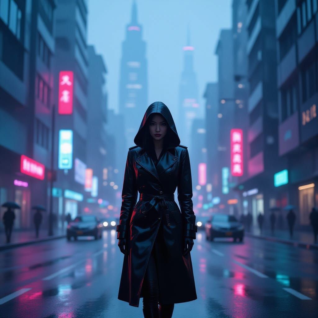 Cyberpunk Solitude: Woman on Neon Street