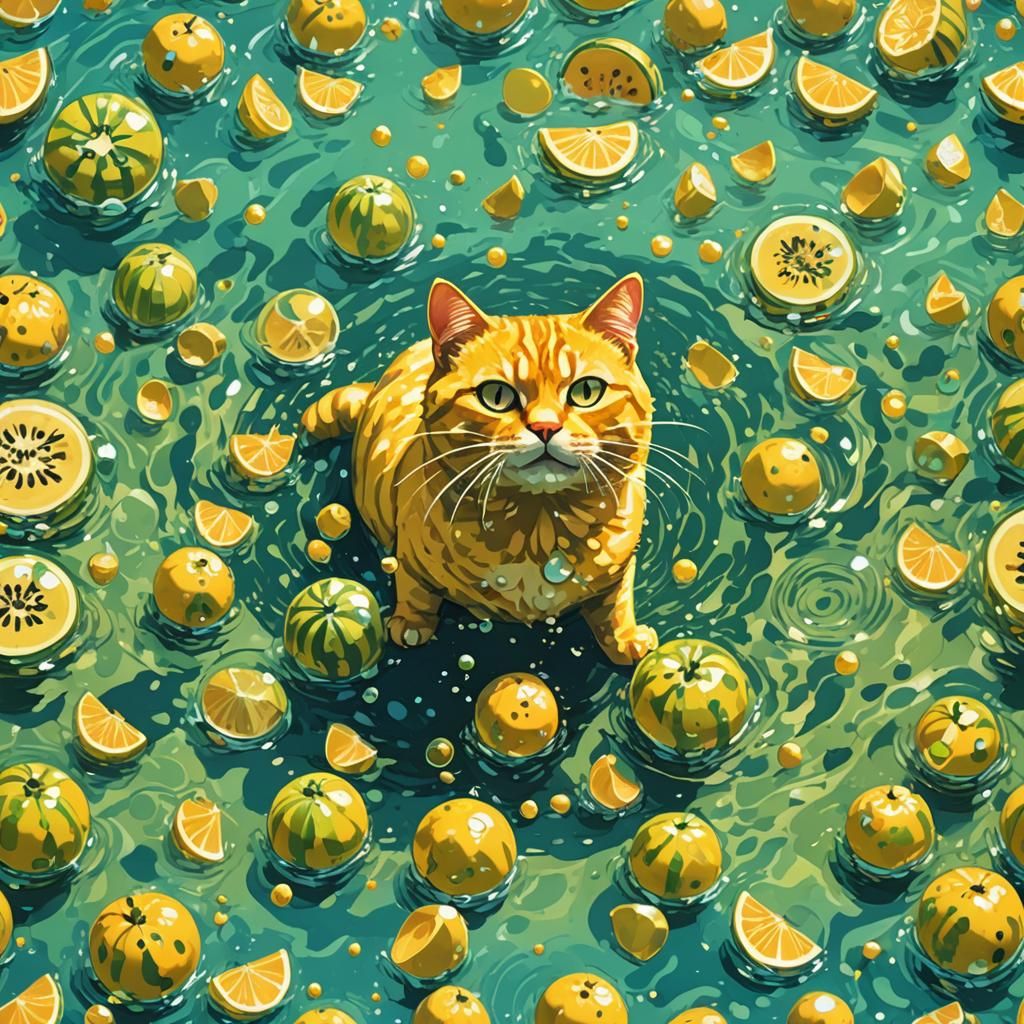 Yellow Cat in Popped Melon Bubble: Pop Art