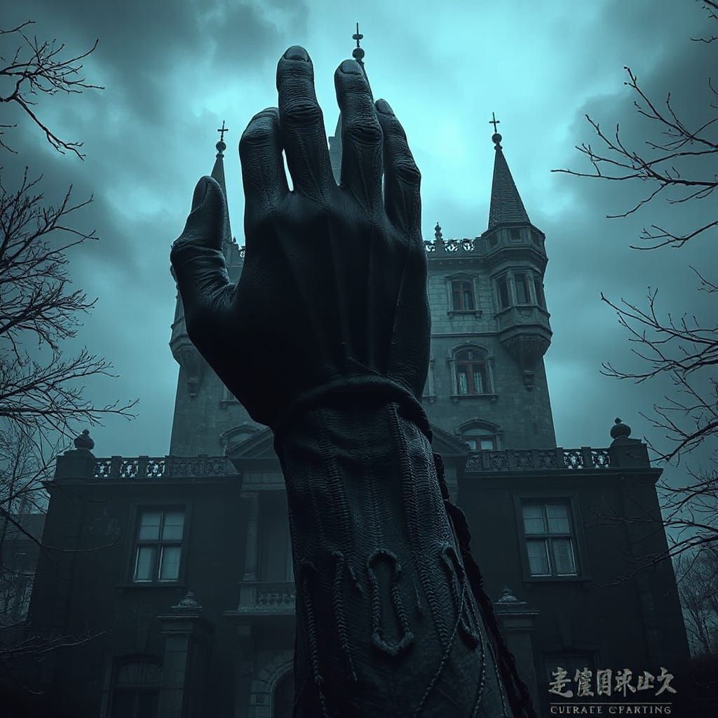 Gothic Giant Hand Climbs Ruined Building