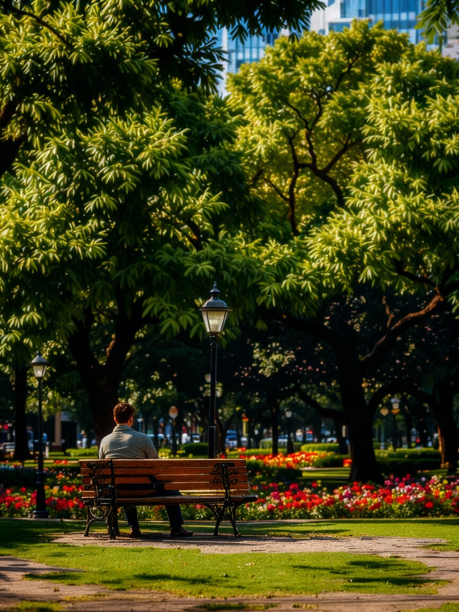 Hyperrealistic Man on Park Bench in City Park