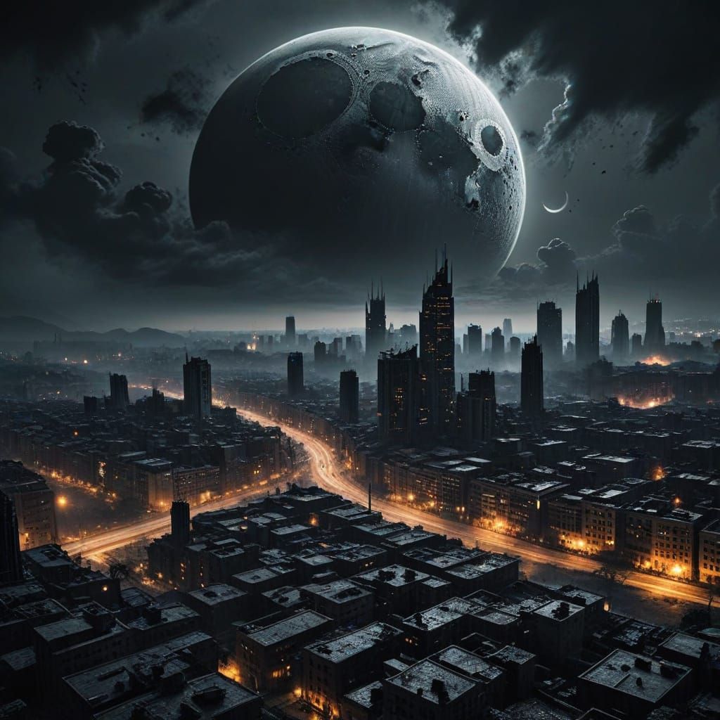 Black Moon Rises Over Apocalyptic Cityscape