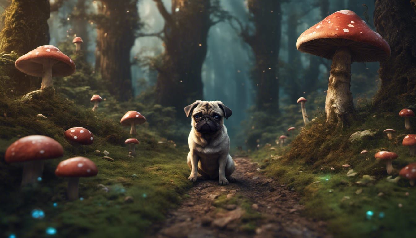 Pug's Fantasy Forest Adventure in Detailed Matte Painting