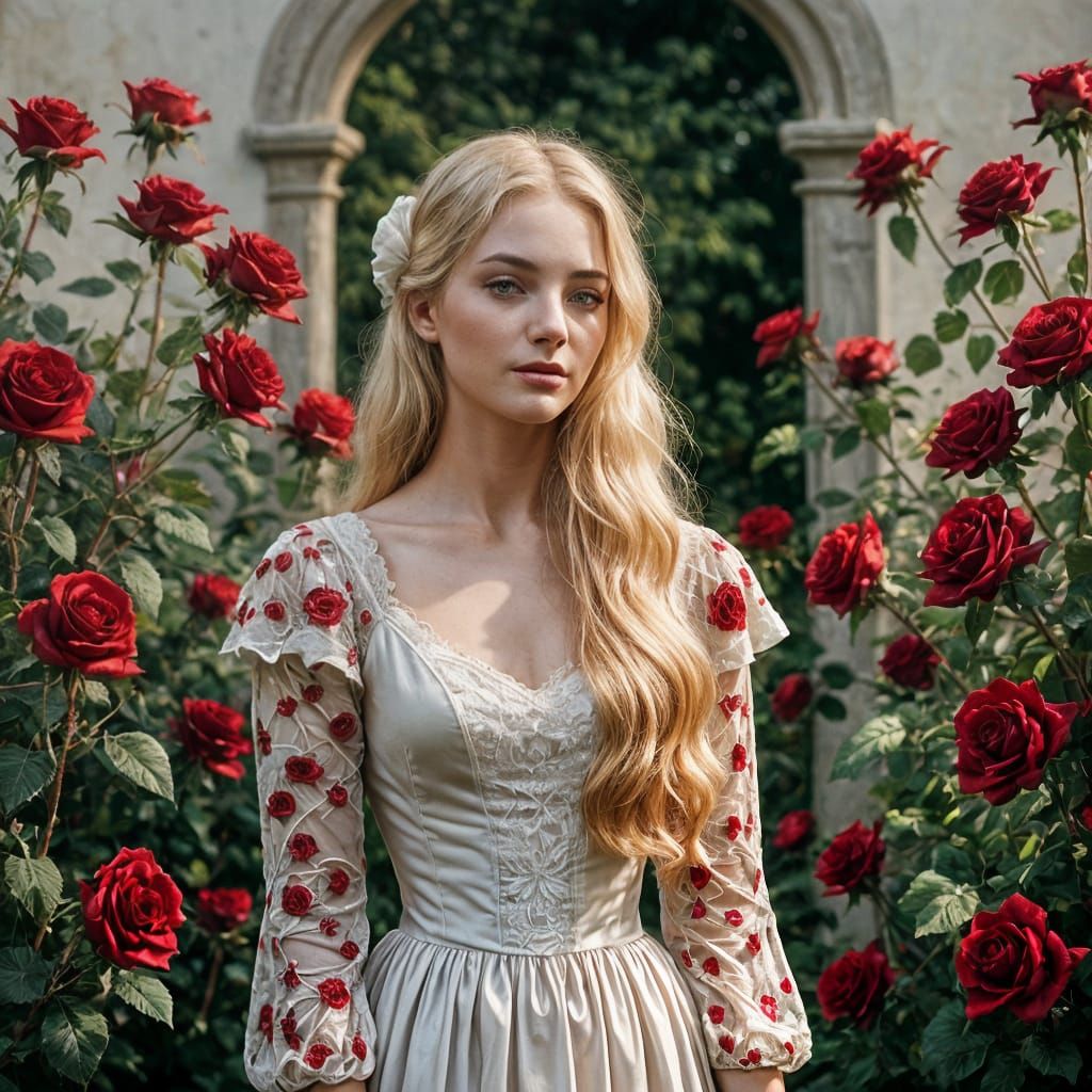 Romantic Image of Blonde Woman in Rose Garden