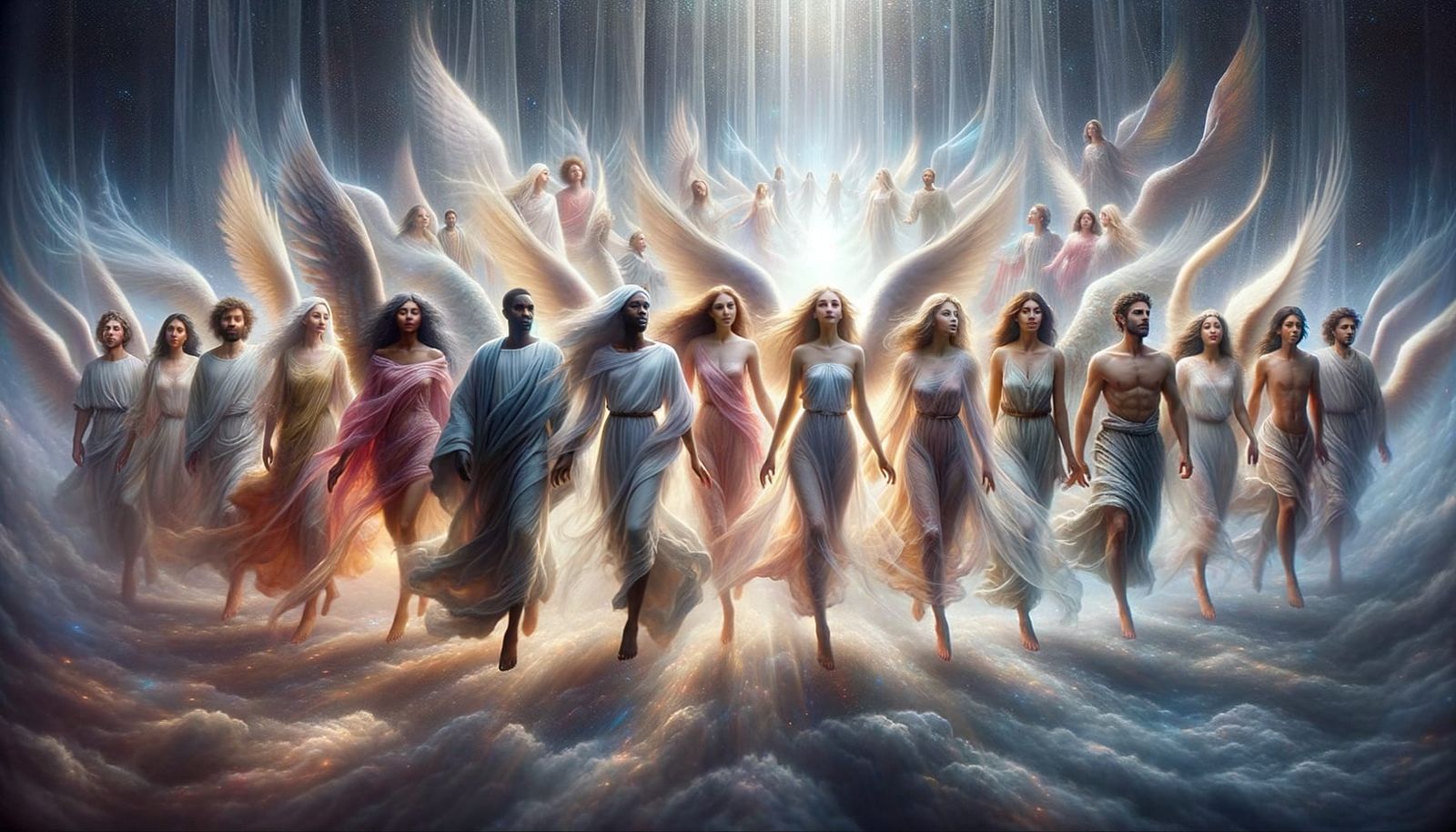 Angelic Assembly Approaching Behind a Veil