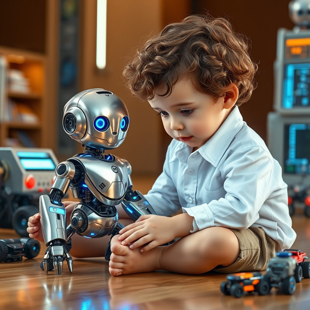 Child and Robot Toy in Hyperrealistic Sci-Fi Style