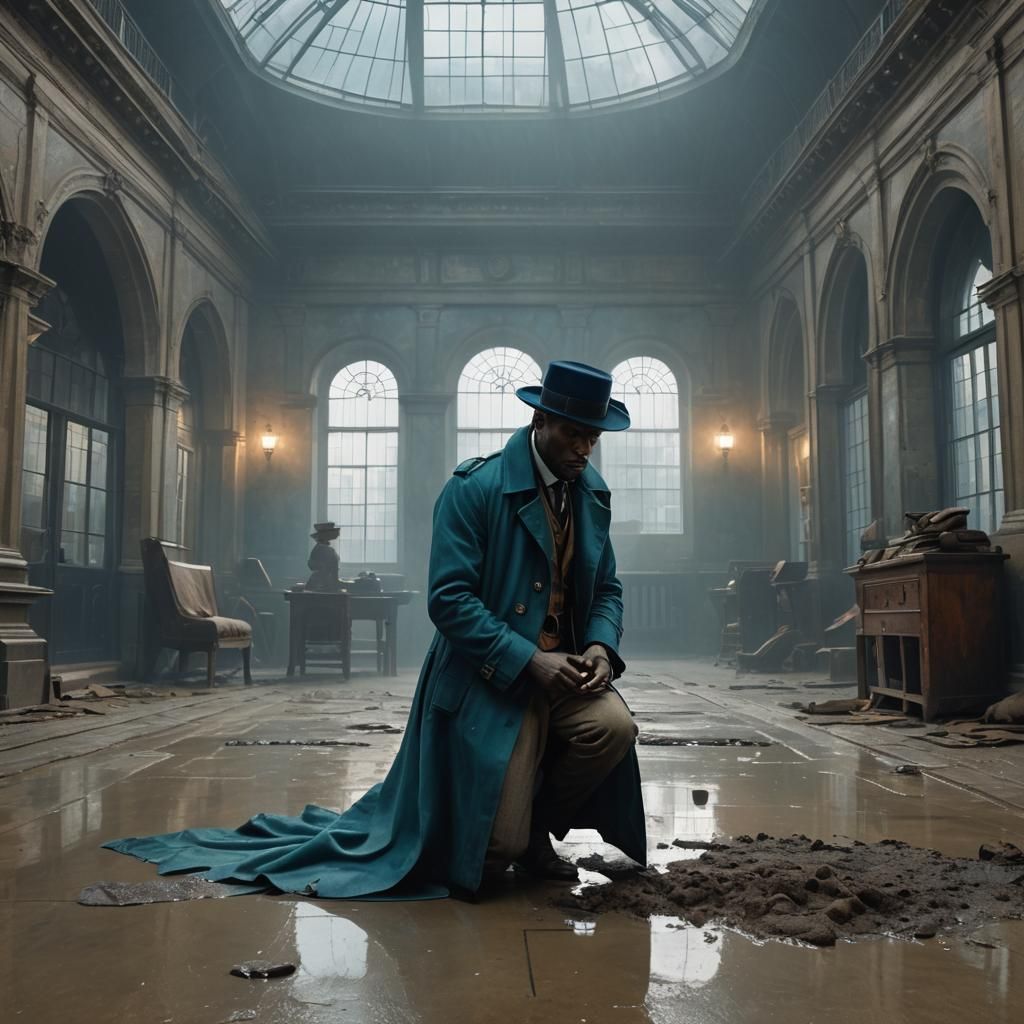 Steampunk Detective Investigates Footprints in Foggy Hall