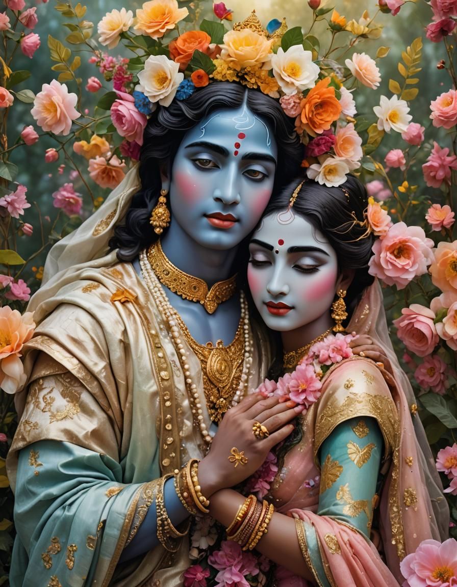 Radha and Krishna Embrace in Digital Art