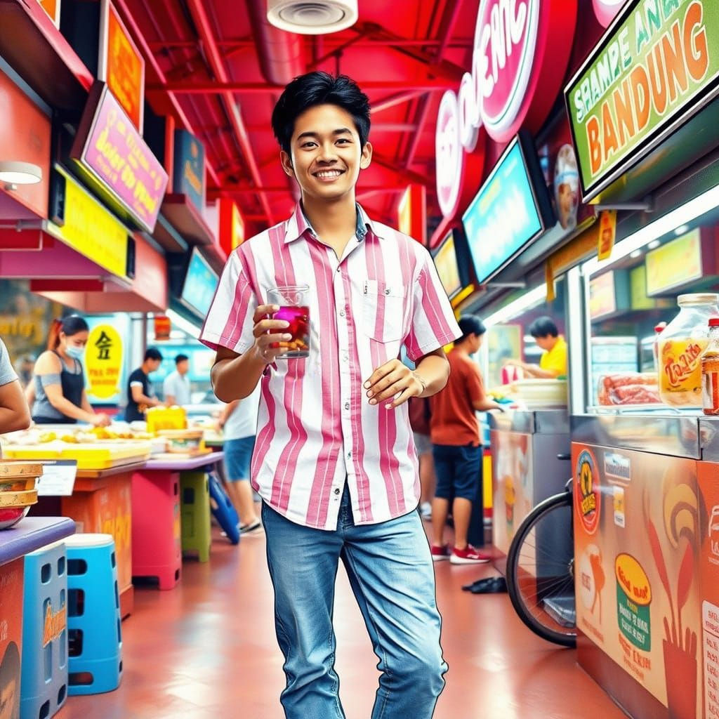 Singaporean Man Enjoying Bandung in a Vibrant Street Scene