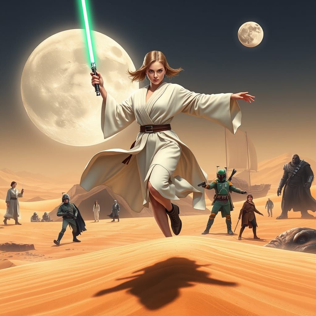 Jedi on Tatooine with Dual Moons, in Anime Style