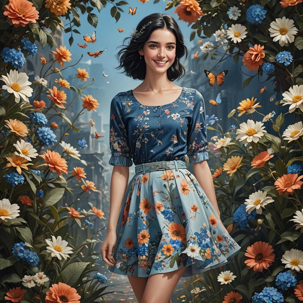 Beautiful Woman with Flowers and Birds in Hyperrealism