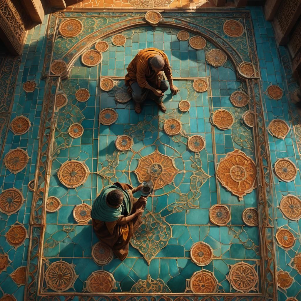 Hand Drying Majolica Floor in Golden Light