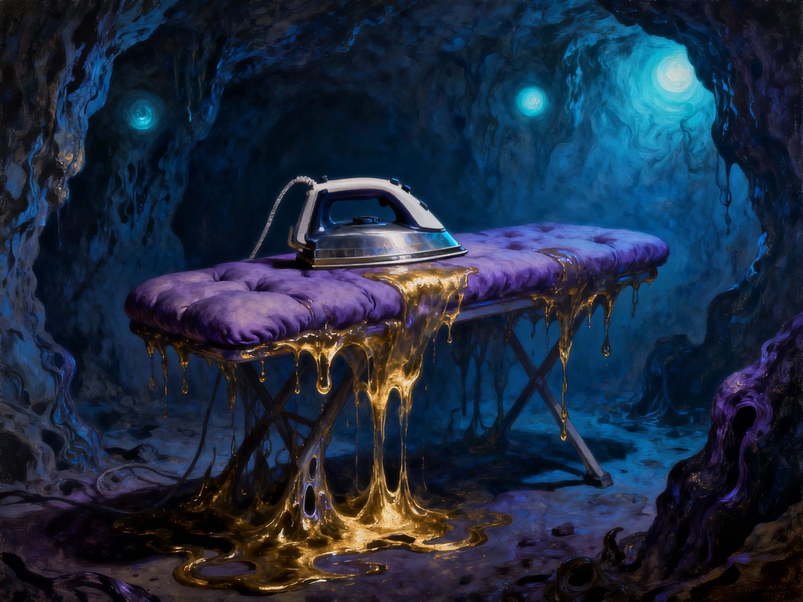 Melting Ironing Machines in a Dim Cave, Oil Painting Style