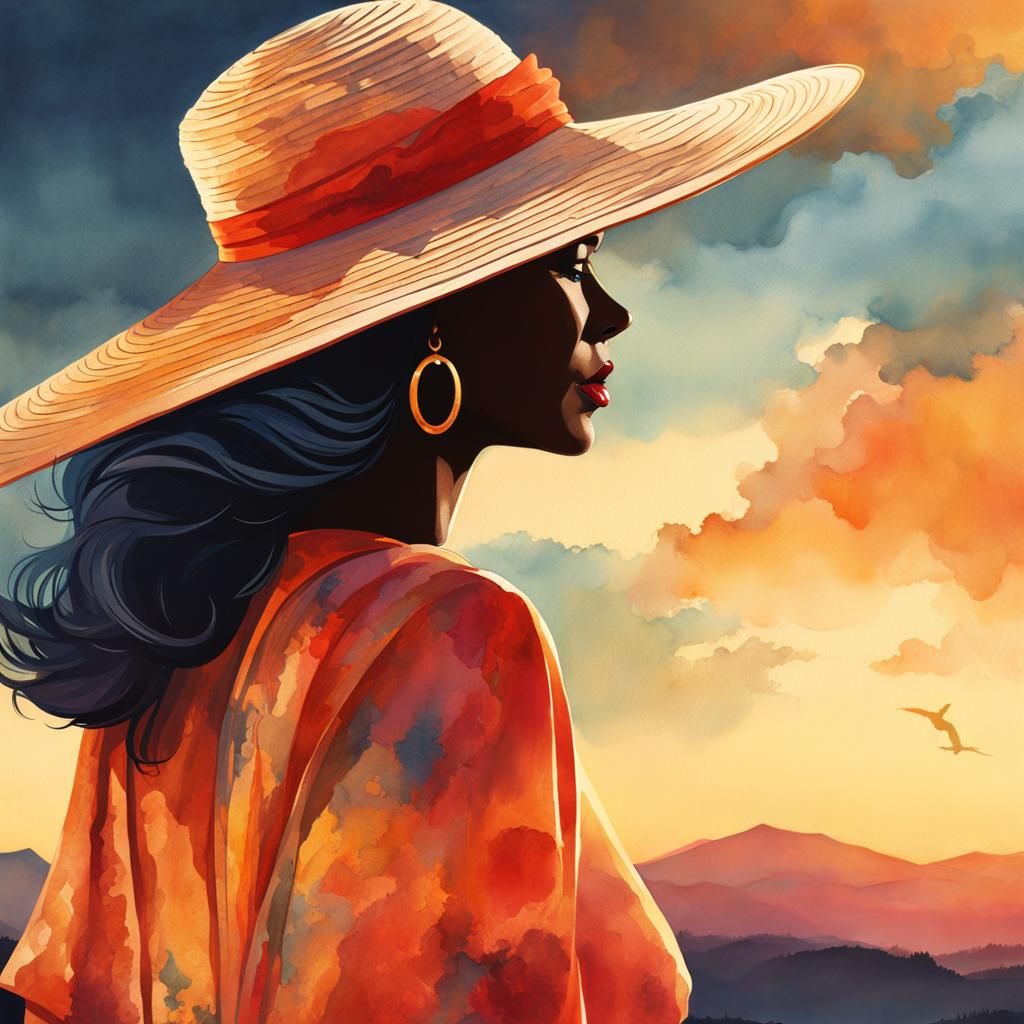Watercolor Silhouette: Woman in Sun Hat at Sunset