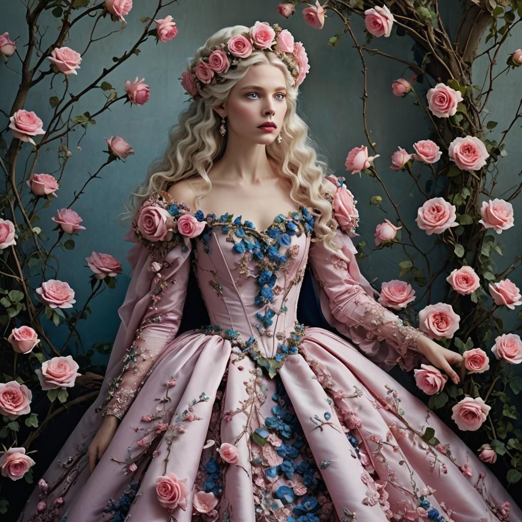 Queen Aurora in Rose-Adorned Gown: High Fashion Editorial