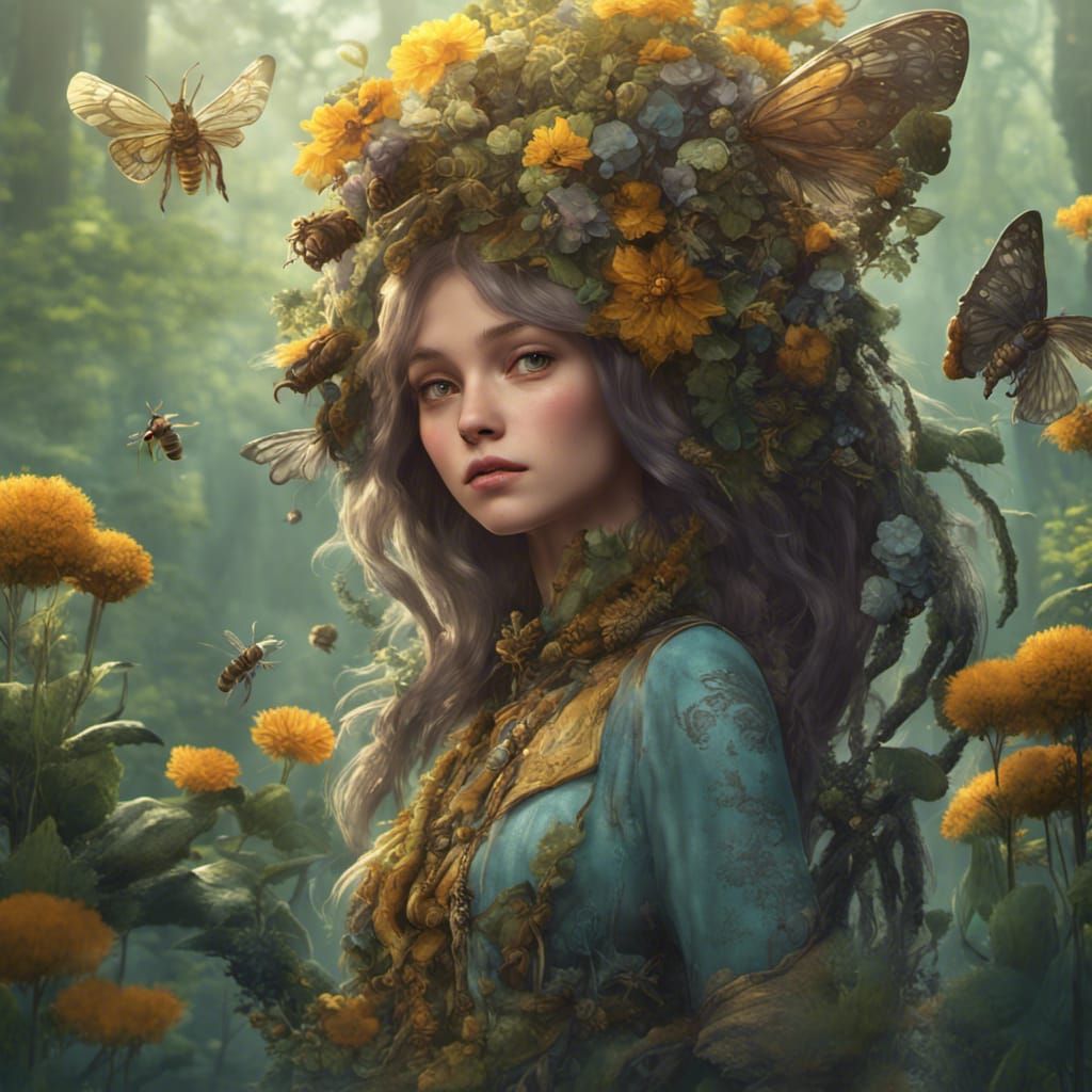 Bohemian Forest Girl with Bees and Bugs