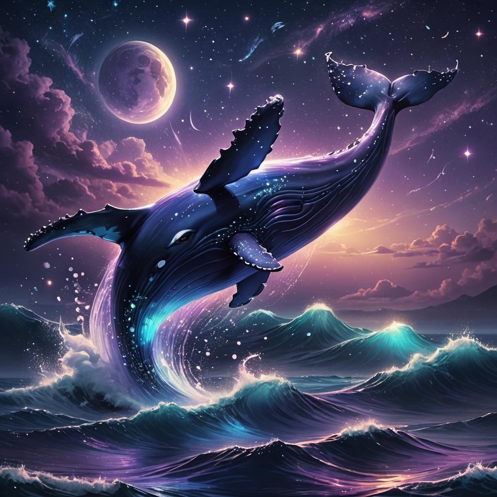 Magical Bioluminescent Whale Soaring Over Ocean
