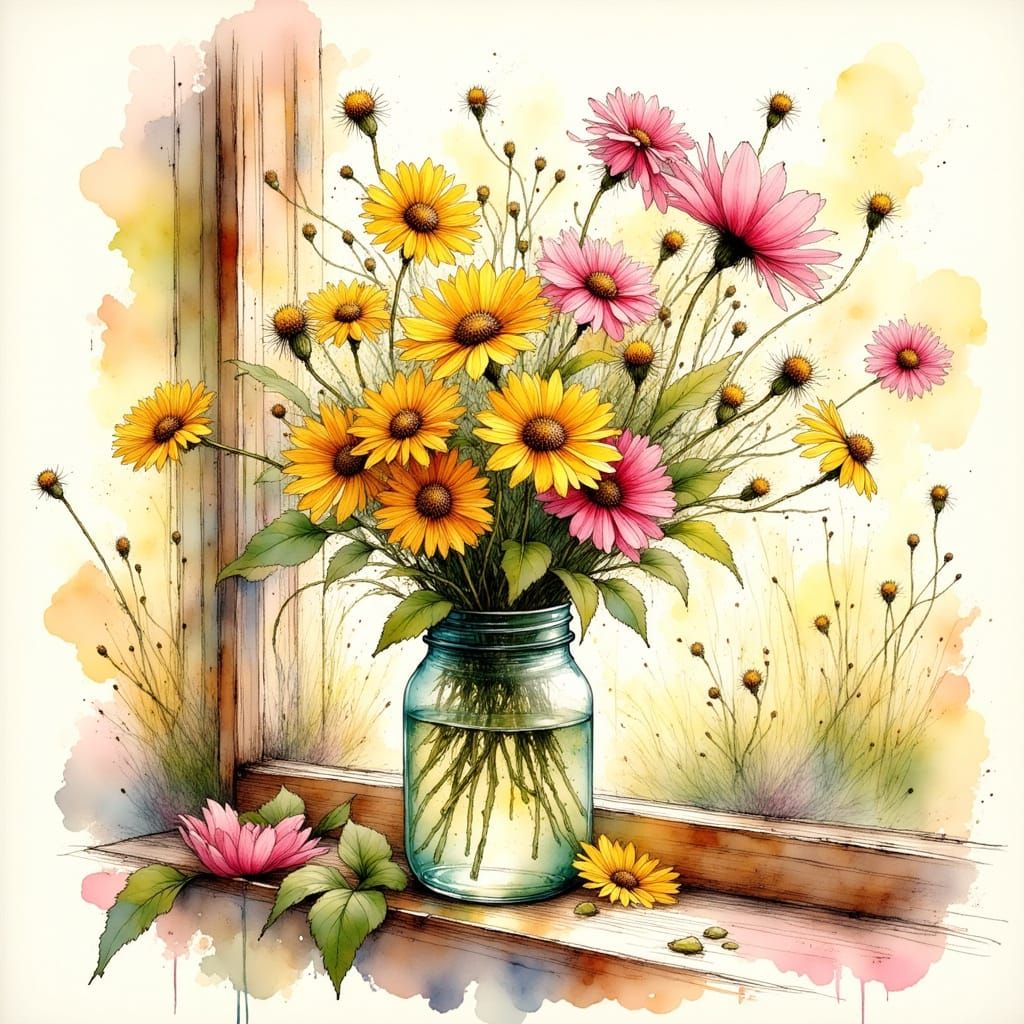 Dandelions and Wildflowers in Whimsical Illustration Style