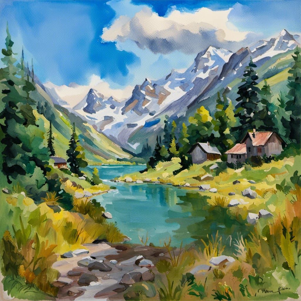 Swiss Lake Scene in Gouache Watercolor Style