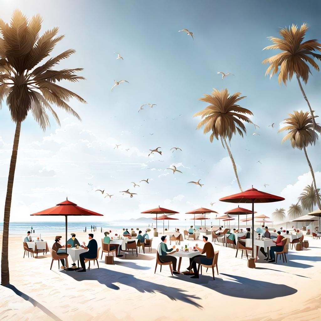 Beach Restaurant Scene with People Playing, 32k