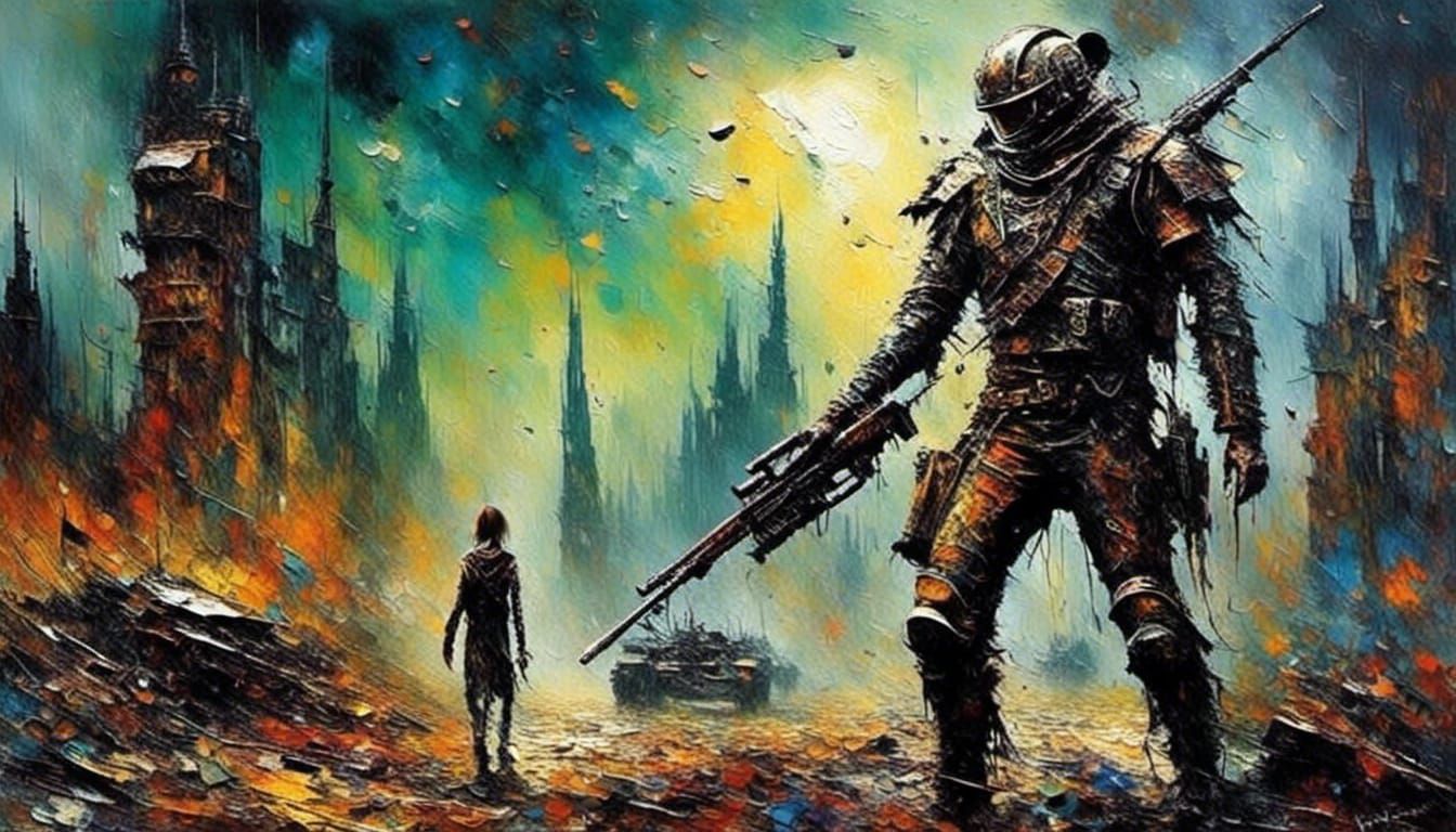 Wolf Warrior in Sci-Fi Battle as Impasto Painting