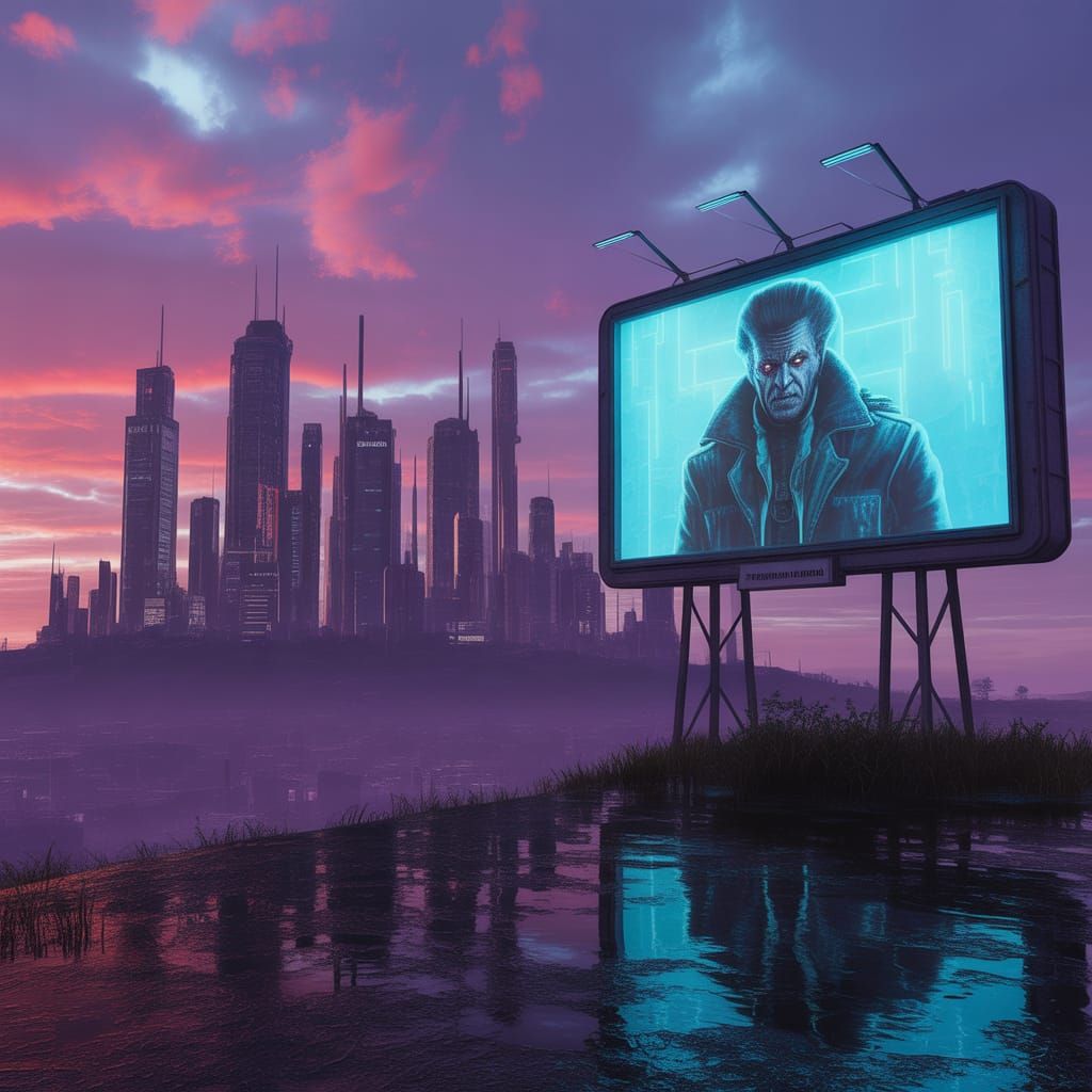 Cyberpunk Cityscape with Evil General on Jumbotron