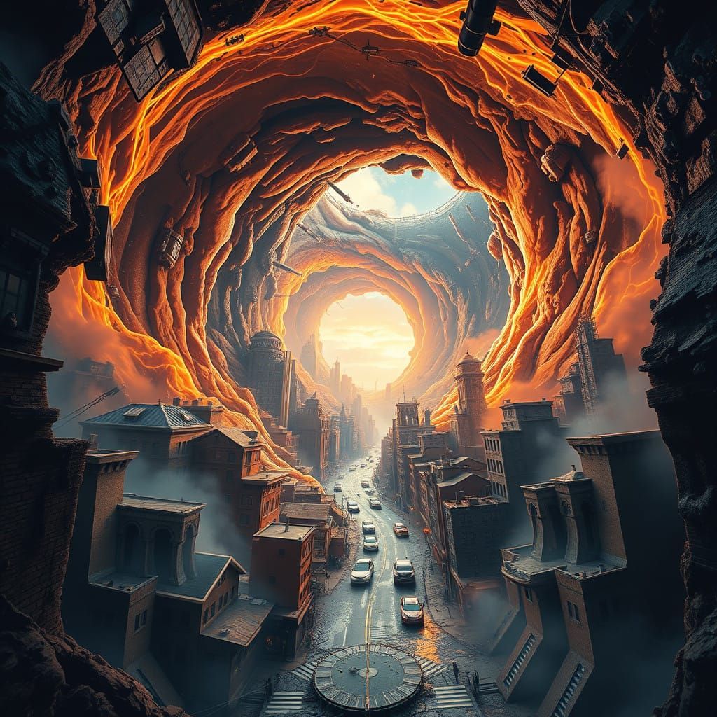 Cosmic Vortex Unravels Cityscape in Surreal, High-Contrast A...