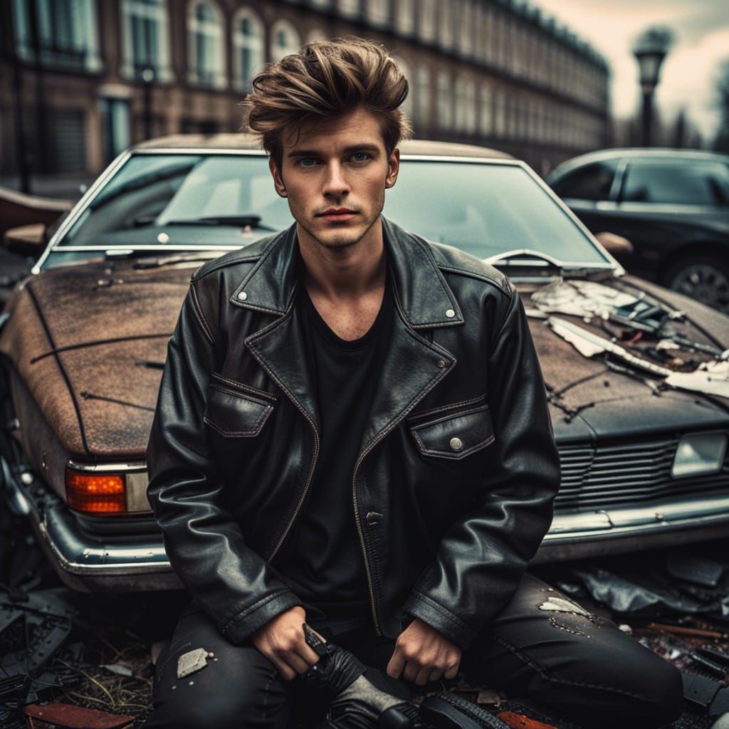 Crashed Car in 80s Berlin with Young Man