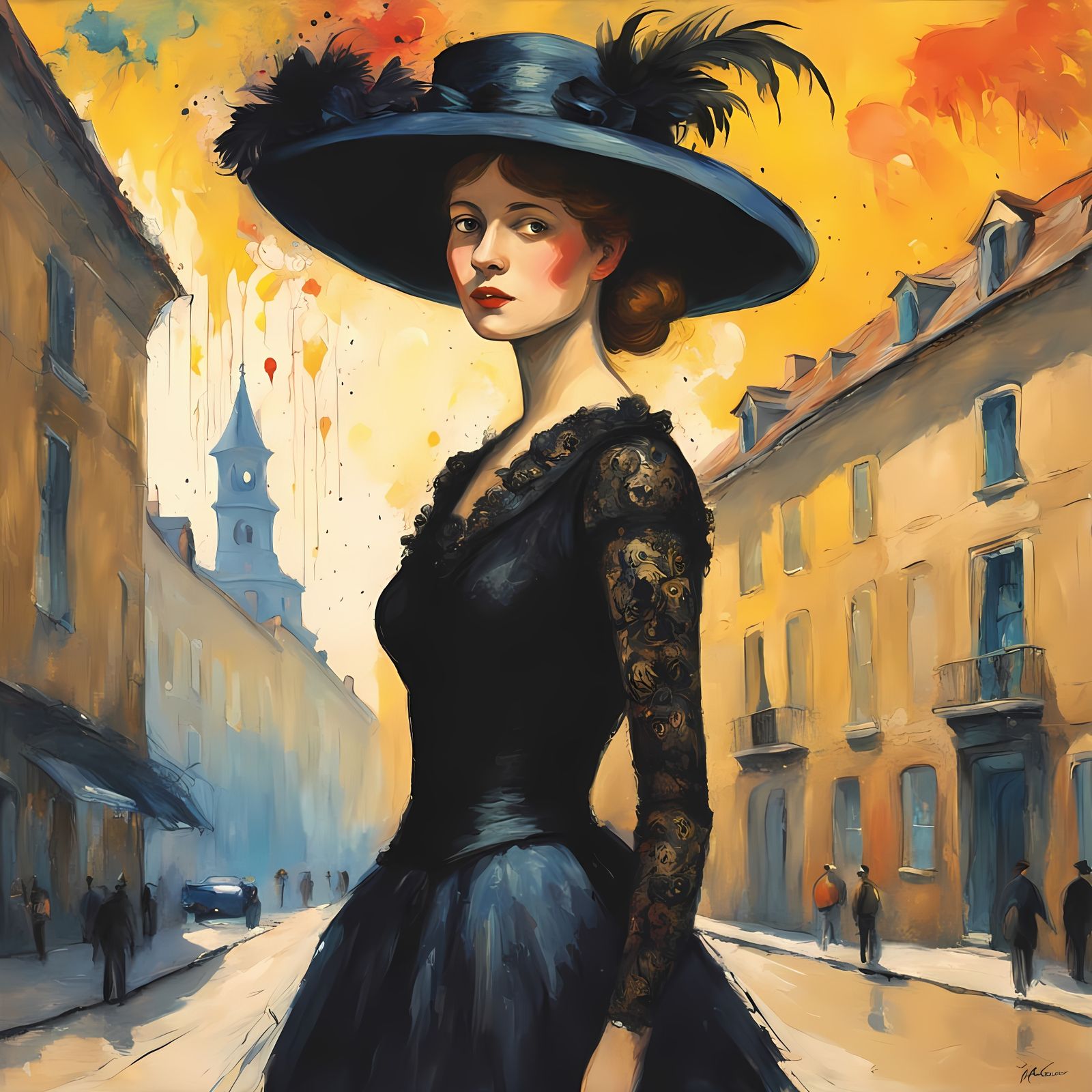 Elegant Woman in Lavish Black Lace Dress against Historic Ba...